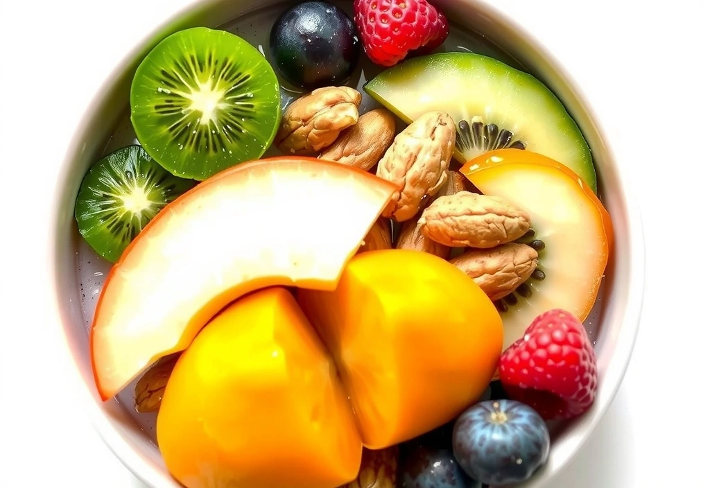 A vibrant bowl of fresh fruit, nuts, and seeds, representing a healthy breakfast or snack.