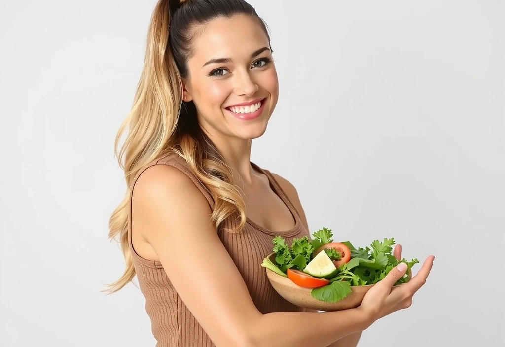 A smiling woman confidently holding a healthy salad, looking vibrant and happy, symbolizing successful health transformation. No text.