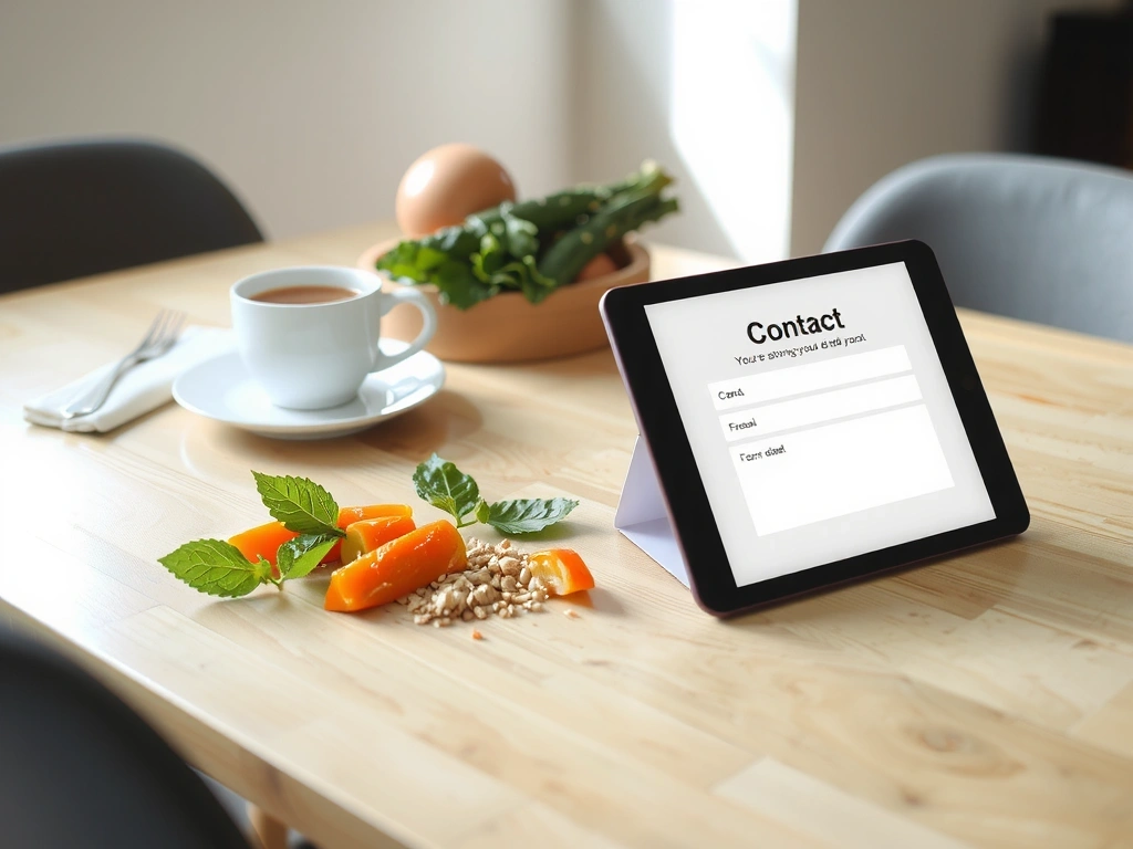 Tablet z formularzem kontaktowym na drewnianym blacie