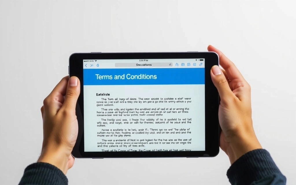 Person reading terms and conditions on a tablet, with a thoughtful expression